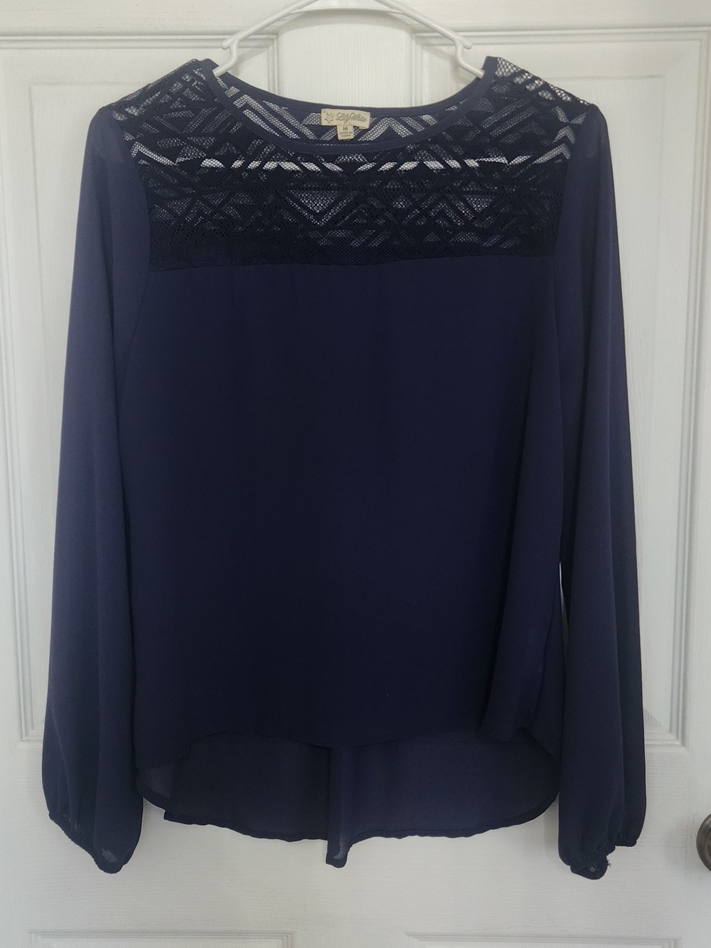 Lily White Navy Lace Yoke Long Sleeve Blouse